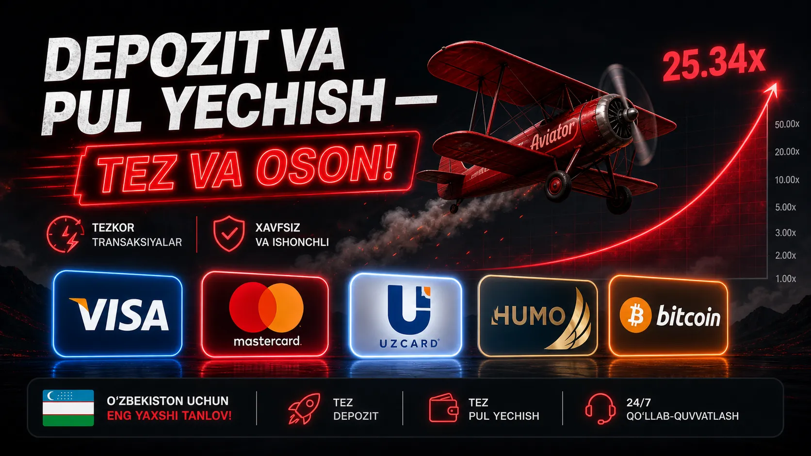 Aviator uchun depozit usullari — UzCard, Humo, Visa, kripto valyuta O'zbekistondan