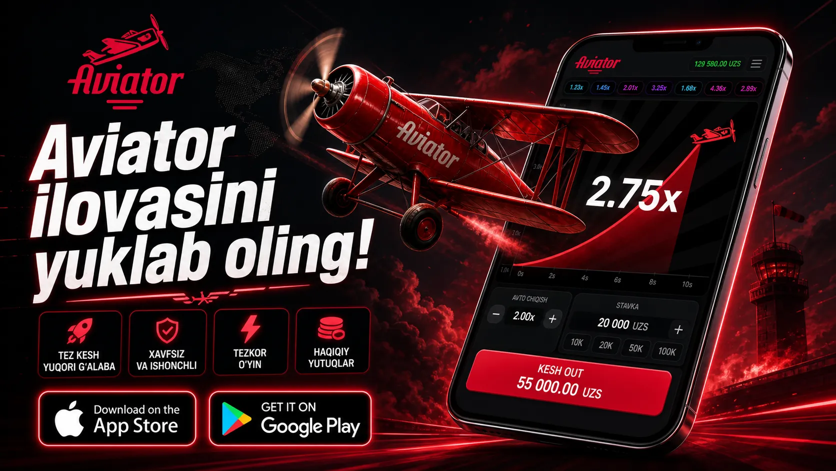 Aviator o'yinini Android va iPhone'ga yuklab olish — rasmiy kazino ilovasi