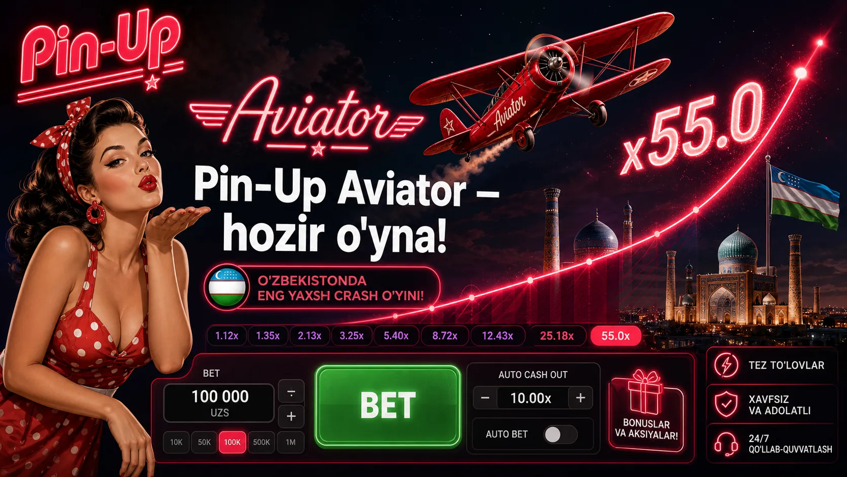 Pin-Up Casino Aviator 65000000 UZS bonus O'zbekiston